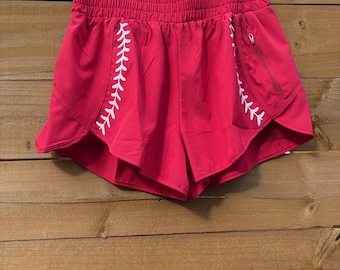Women’s RED Baseball Lace Running Shorts – Softball Game Day Activewear, Glitter Stitch Detail, Baseball Game Day Shorts