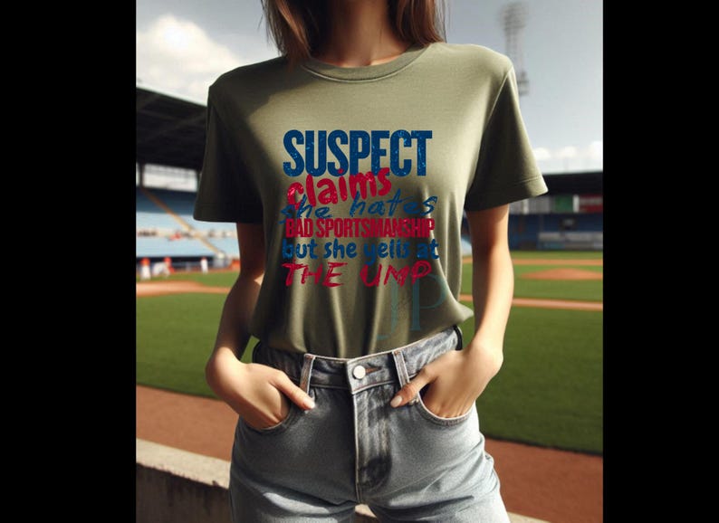 May include: A green t-shirt with the text "SUSPECT claims she hates bad sportsmanship but she yells at THE UMP" in blue, red, and white lettering.
