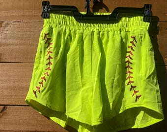 Women’s Softball Lace Running Shorts – Softball Game Day Activewear, Red Glitter Stitch, Neon Yellow Athletic Shorts for Players & Fans