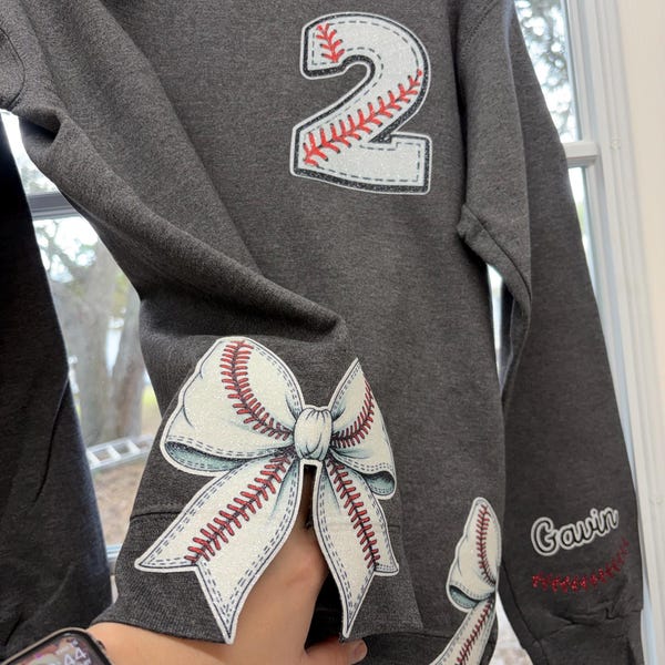 Baseball Bow Mom Sweatshirt – Custom Player Number, Glitter Game Day Crewneck, Sports Mom Gift - PLAYER name on back