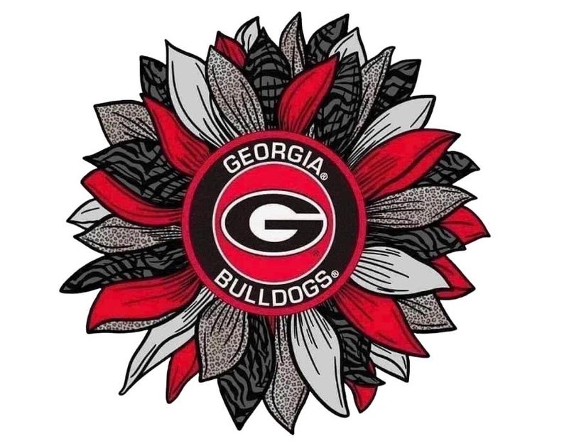 Może przedstawiać: Okrągły wz&oacute;r graficzny z centralnym czarnym logo z białą literą G i napisem GEORGIA BULLDOGS w czerwonym pierścieniu. Logo otoczone jest warstwowymi kształtami przypominającymi płatki w kolorze czerwonym, białym, w paski zebry oraz cętki lamparta.