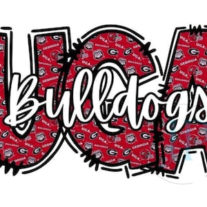 Może przedstawiać: Projekt graficzny przedstawiający litery UGA pogrubioną czcionką z czarnym obrysem, wypełnione czerwonym wzorem z logo i napisami Georgia Bulldogs. Słowo Bulldogs jest napisane na środku białą kursywą na tle tych liter.