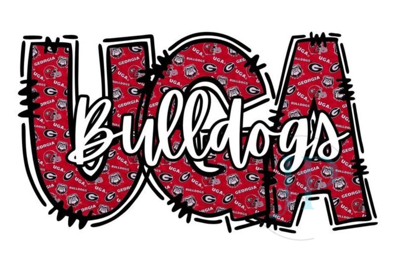 Może przedstawiać: Projekt graficzny przedstawiający litery UGA pogrubioną czcionką z czarnym obrysem, wypełnione czerwonym wzorem z logo i napisami Georgia Bulldogs. Słowo Bulldogs jest napisane na środku białą kursywą na tle tych liter.