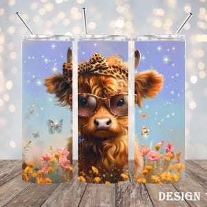 Highland Cow Tumbler – Cute Floral Cow Print Travel Cup – Farmhouse Aesthetic – Country Girl Gift – Western Style Mug – 20oz Skinny Tumbler