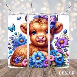 Highland Cow Tumbler – Cute Floral Cow Print Travel Cup – Farmhouse Aesthetic – Country Girl Gift – Western Style Mug – 20oz Skinny Tumbler