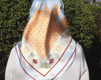 Italian Silk Twill Scarf: Hand-Drawn Floral Design, Orange & Blue