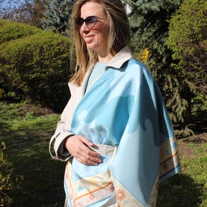 100% Silk Scarf , Large Silk Hair Head Scarf , Blue Silk Scarf , Neck Scarf,  Baroque Floral Scarf, Gift for Her