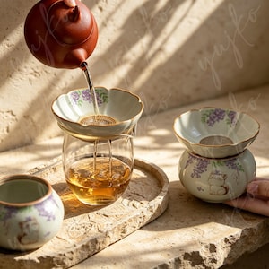 May include: A brown clay teapot pouring tea through a ceramic strainer into a glass cup. Beside it, a ceramic bowl with a cat illustration and purple floral patterns sits on a textured tray, accompanied by a matching small ceramic cup.