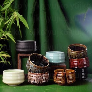 以下が含まれることがあります： 黒、茶色、白、緑など、さまざまな色と模様のセラミック製の茶碗が9個あります。茶碗は緑色の布地の背景に緑色の表面に並べてあります。