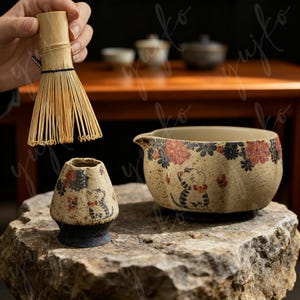 May include: A matcha tea set featuring a bamboo whisk, a ceramic bowl with a spout, and a small ceramic whisk holder. The beige ceramic pieces are decorated with floral and cat illustrations. The whisk is held above the whisk holder.