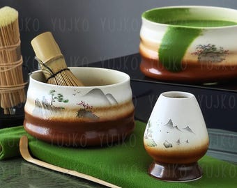 Japanese Handcrafted Ceramic Matcha Bowl with Bamboo Whisk and Chasen Holder Matcha Tea Making Kits, Birthday Gift, Gift for Family