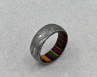 Damascus Wood Wedding Ring, Men Damascus Steel Whiskey Barrel Ring, Unique Engagement Ring Gift for Him Damascus Mens Ring Anniversary Gift