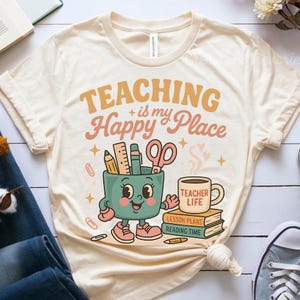 先生のかわいいレトロシャツ、ハッピープレイスTシャツ、ヴィンテージの新学期Tシャツ、教育者Tシャツ、楽しい先生へのギフト、感謝の気持ちを表す小学生用トップス