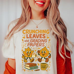 先生用かわいい秋レトロ漫画シャツ、採点用紙Tシャツ、ヴィンテージ新学期Tシャツ、教育者Tシャツ、楽しい先生への感謝の贈り物