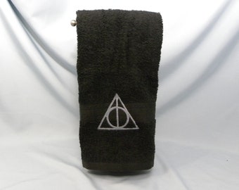MADE TO ORDER - Wizard boy inspired embroidered hand towel bath geeky Elder Wand Resurrection Stone Invisibility Cloak magic bathroom