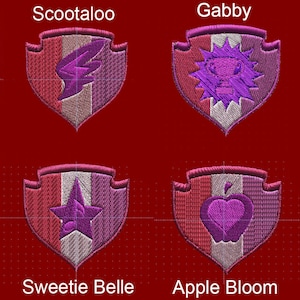 May include: Four embroidered shield patches with names: Scootaloo, Gabby, Sweetie Belle, and Apple Bloom. Each shield is red, pink, and white with a unique purple design: a wing, a sun, a star, and an apple.
