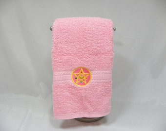 MADE TO ORDER - Moon Scout brooch inspired embroidered hand towel