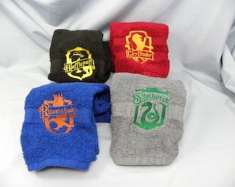 MADE TO ORDER - Wizard Wizarding School inspired House embroidered hand towel - Choice of 1 - Raven Badger Snake Lion