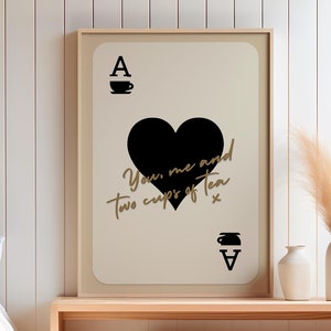 Jij, ik en twee kopjes thee-print | Hart speelkaart Valentijnsdag | Muurkunst AFDRUKBARE digitale download decor esthetiek verjaardag liefde