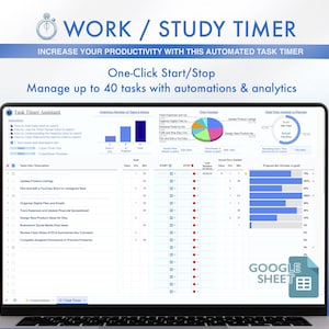 May include: A laptop computer displaying a Google Sheet spreadsheet with a blue and white color scheme. The spreadsheet is titled "Task Timer Assistant" and includes a list of tasks, time tracked, and progress bars. The spreadsheet is designed to help users manage their time and track their progress on tasks. The laptop is on a blue surface.