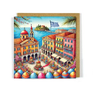Scène de Pâques grecque - Carte de voeux Pâques à Corfou - Île grecque - Orthodoxe - Cadeau de Pâques - Pâques - Cadeaux grecs