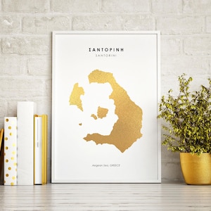 Landkarte SANTORINI KunstFoliendruck Handfoliert - Griechische Kunst - Griechische Produkte - Santorini Island - Santorini Map