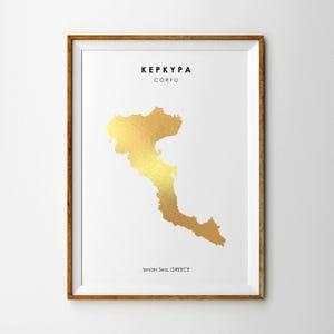 Carte CORFOU Kerkyra, impression métallisée à la main - Art grec - Produits grecs - Corfou, Grèce - Carte de Corfou