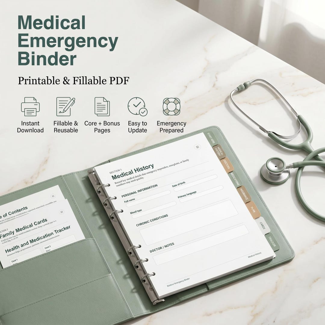 Printable Medical Emergency Binder, Fillable PDF, Family Health Planner ...
