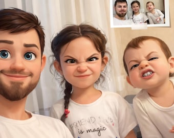 Custom Pixar Style Family Portrait - Photo to Cartoon - Disney Style Illustration, Personalized Digital Art , Gift for Family