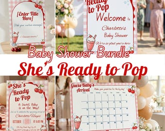 Ready to Pop Baby Shower Bundle, Cherry Baby Shower Theme, Soda Baby Shower Decorations, Red and Pink Gingham Party, Games, Invites & Signs