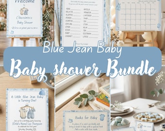 Blue Jean Baby Shower Bundle, Boy Baby Shower Games, Minimalist Baby Shower Decor, Digital Invite Canva Template, Rustic Blue Baby Shower