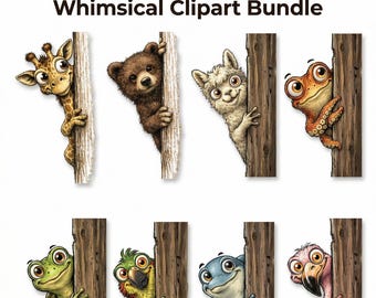 Peeking Animals PNG Bundle, 28 Cute Cartoon Animals, Kawaii Baby Animals, Woodland Nursery Clipart, Quirky Cat Dog Faces, Commercial Use