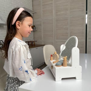 Montessori Kids Vanity Table with Mirror: Wooden Makeup Desk, Cat Design