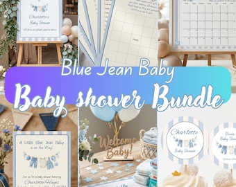 Blue Jean Baby Shower Bundle, Blue Jean Baby Shower Decoration, Stripe Blue Jean Baby Shower,  Welcome Sign, Games, Canva Templates