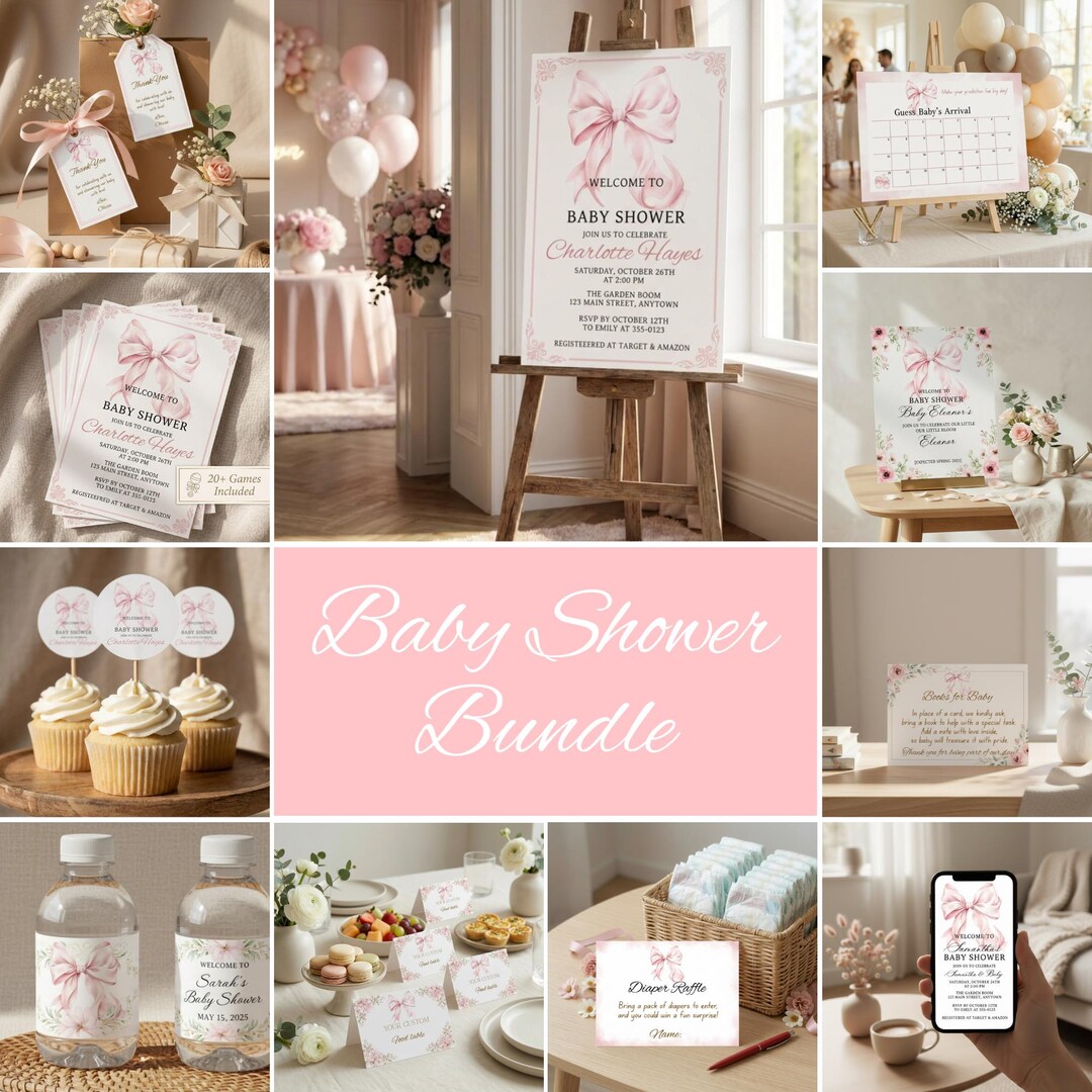 Pink Bow Baby Shower Bundle, Girl Coquette Party Decorations (digital ...