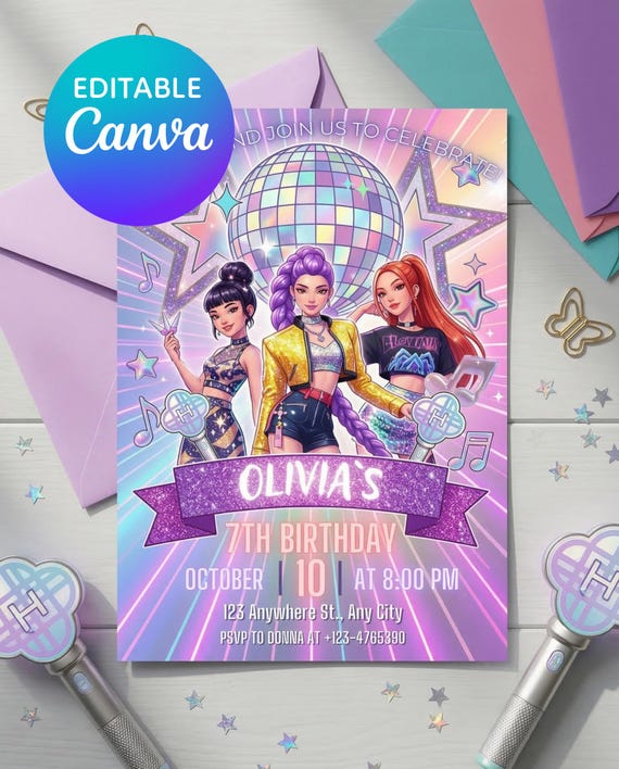 Kpop Birthday Invitation, Neon Party Invite, Demon Hunters Theme, Editable Canva Template, Anime Party Invitation, Girl Birthday, Download