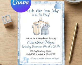 Blue Jean Baby Shower Invitation, Editable Canva Template, Boy Baby Shower Invite Download, Instant Download