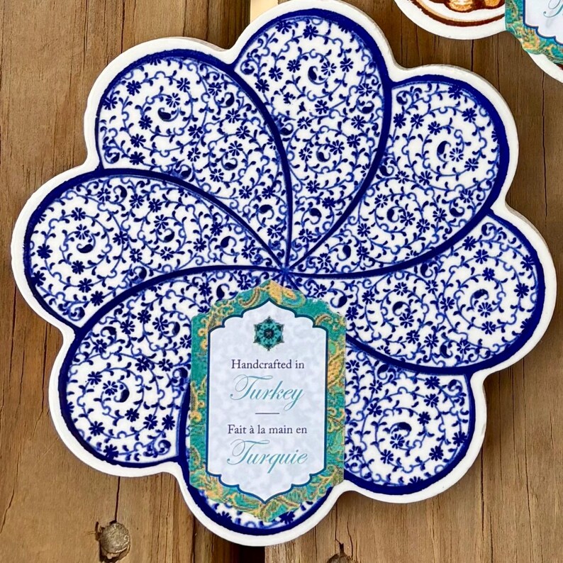 Turkish Ceramic Coaster | Traditional Ottoman Design | Mix and Match | 4.4" Diameter Blue Small Floral