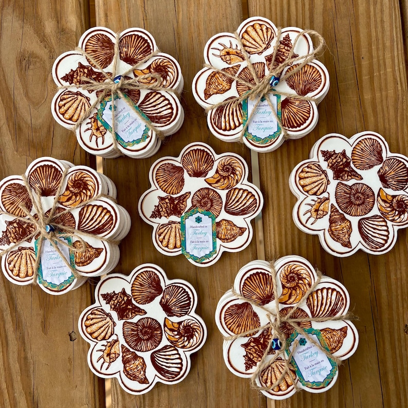 Turkish Ceramic Coaster | Traditional Ottoman Design | Mix and Match | 4.4" Diameter Sandy Seashell
