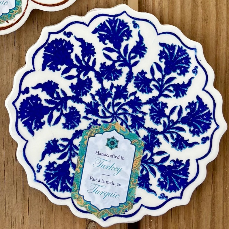 Turkish Ceramic Coaster | Traditional Ottoman Design | Mix and Match | 4.4" Diameter Blue Large Floral