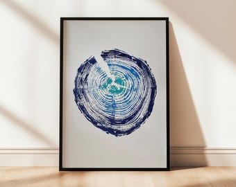 Tree Ring Art Poster – Hand Printed Norway Spruce, Tree Slice Print. Blue Ombre
