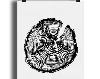Tree Ring Art Print – Hand Printed Spruce, Black & White Wall Hanging