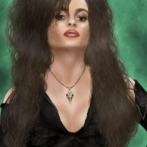 May include: Digital art portrait of a person with dark brown hair and red lipstick, wearing a black dress and a silver pendant necklace. The background is a mottled green. The artist's name, @ARTBYSARAHX, is in the top right corner.