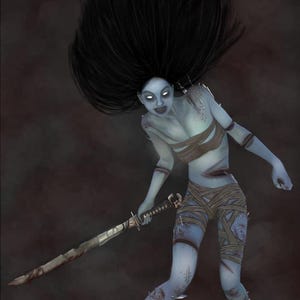 May include: Digital illustration of a pale-skinned figure with long, black hair and glowing white eyes, holding a bloodied sword. The figure is wrapped in bandages and wears tattered clothing, with a menacing expression. The artwork has a dark, ominous tone.
