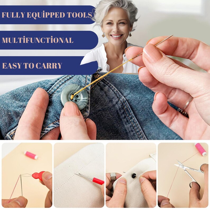 May include: A sewing kit with various tools, including a needle threader, a thimble, a button, and a pair of scissors. The kit is shown being used to sew a button onto a pair of blue jeans.