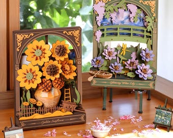 3D Wooden Puzzle Kit: Sunflower and Water Lily LED Nature Art