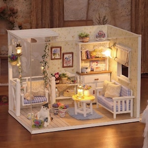 DIY-Miniaturenzimmer-Kit - Pastell-Puppenhaus mit LED-Lichtern, gemütlichen Möbeln und romantischem Dekor, perfektes kreatives Geschenk für Mädchen und Wohnkultur