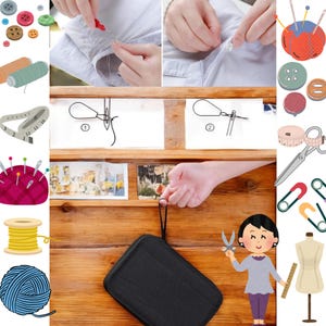 May include: A black zippered case with a handle, filled with sewing supplies. The case is on a wooden surface. There are various sewing supplies in the image, including needles, thread, buttons, scissors, and a measuring tape.