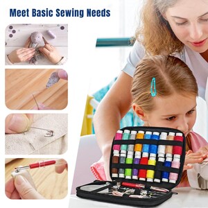May include: A black zippered case with a variety of colorful thread spools, needles, and other sewing tools. The case is open and the tools are visible. The text "Meet Basic Sewing Needs" is at the top of the image.