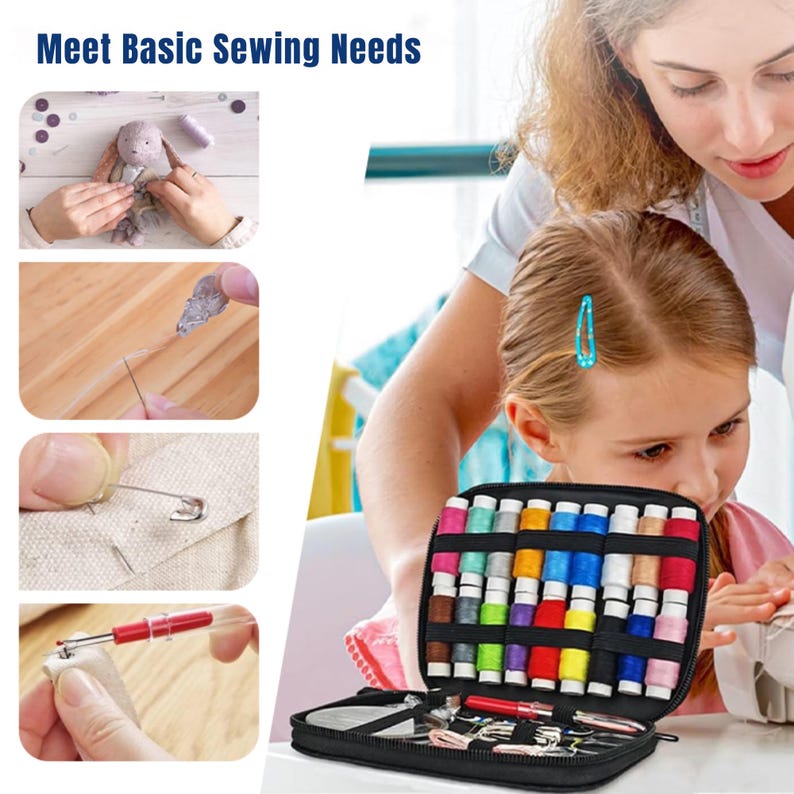 May include: A black zippered case with a variety of colorful thread spools, needles, and other sewing tools. The case is open and the tools are visible. The text "Meet Basic Sewing Needs" is at the top of the image.